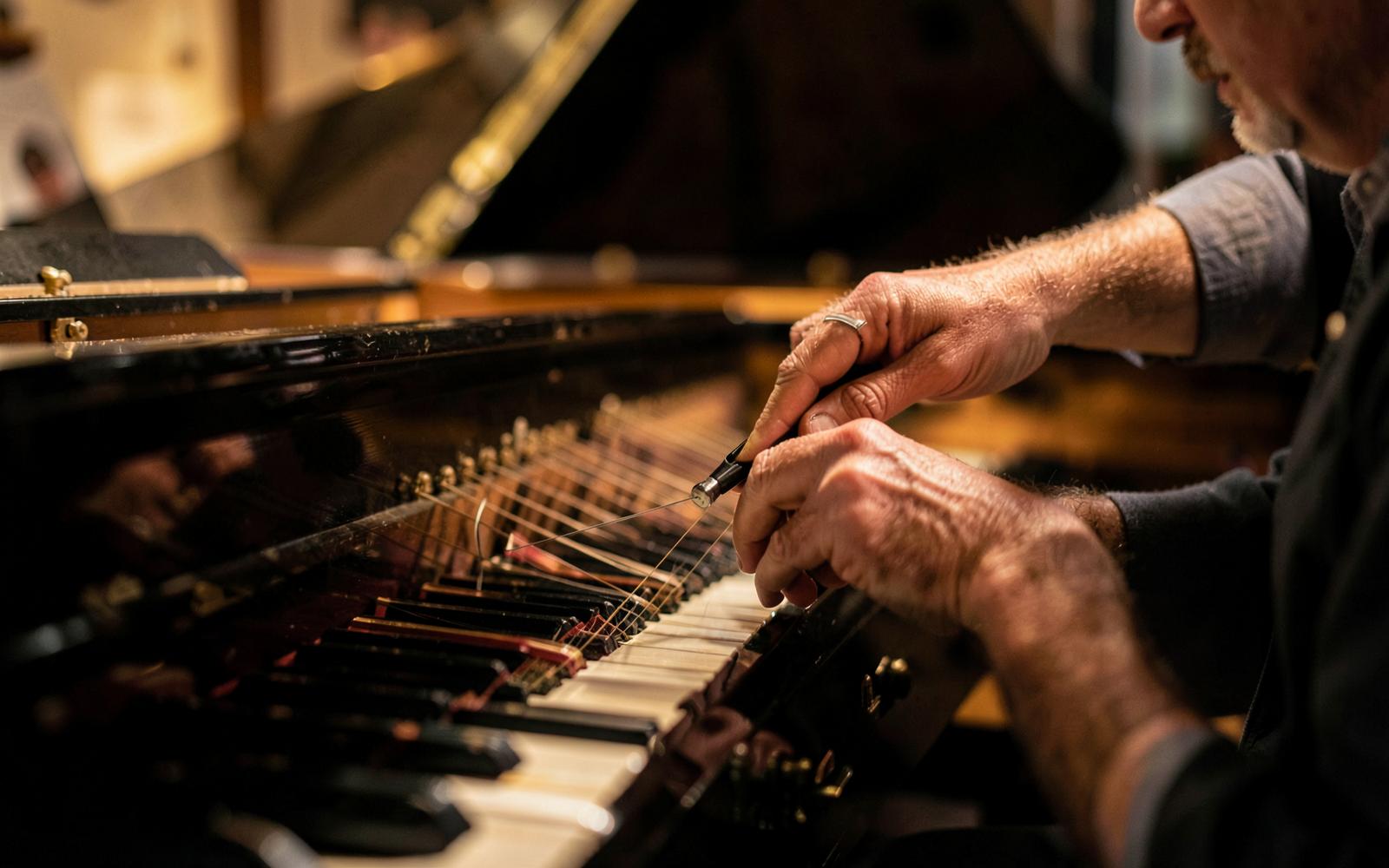 Piano technician tuning the strings of a grand piano in Arvada, Colorado